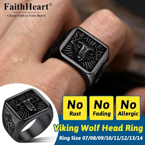 Vista 2 de FaithHeart Anillos de sello de cabeza de lobo para hombres y mujeres, anillo vikingo nórdico de acero inoxidable, tamaño 7891011121314 personalizado