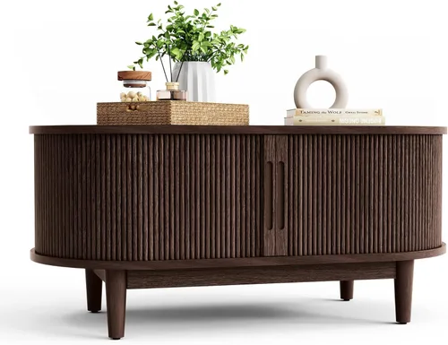 Vista 9 de LINSY HOME - Mesa de centro redonda, mesa de centro de 31.5" con puerta de tambor deslizante, mesa auxiliar acampanada con almacenamiento, mesa