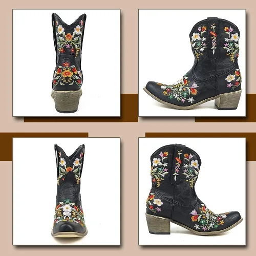 Vista 4 de Vimisaoi Botas de tobillo para mujer, estilo retro, puntiagudas, tacón medio, bordadas, vaquera occidental, botas vaqueras