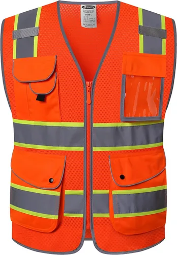 Vista 22 de JKSafety Chaleco de seguridad frontal con cremallera de alta visibilidad Clase 2 de 9 bolsillos con tiras reflectantes, cumple con las normas