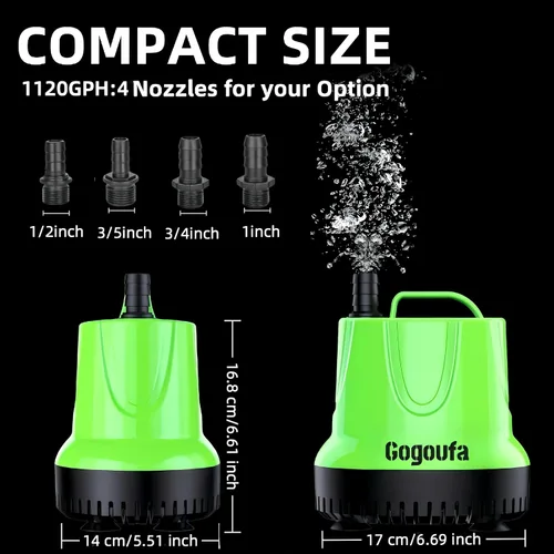 Vista 3 de Bomba de agua sumergible con tubo de 5 pies y 4 boquillas, 1120 GPH, 100W, bomba de sumidero para pecera, estanque, acuario, sistemas hidropónicos