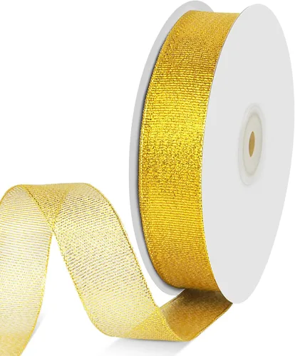 Vista 11 de Cinta de purpurina dorada de 1 pulgada x 25 yardas, cinta de tela metálica brillante para manualidades, envoltura de regalos, bodas, decoración