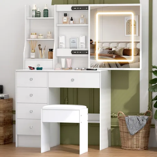 Vista 13 de JBLCC Escritorio de tocador con espejo LED deslizante y luces, juego de tocador blanco con taburete y cajones, brillo de luz de 3 colores ajustable