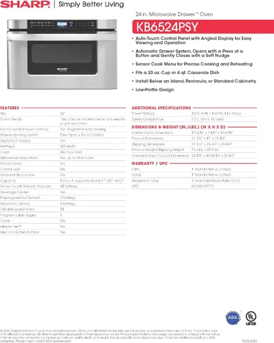 Vista 8 de SHARP KB6524PSY Horno de Microondas con Cajón, 24 pulgadas, 1.2 pies cúbicos, 950 vatios, Panel de Control Táctil Angulado, Acero Inoxidable 1.2