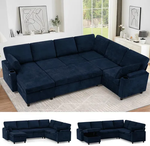 Vista 14 de Sofá modular de felpilla de 85 pulgadas con cama extraíble y Marrón
