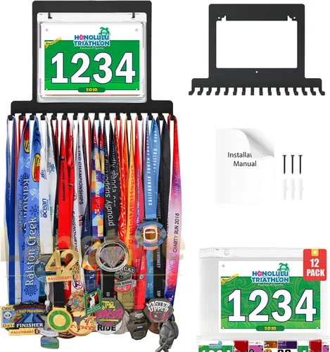 Vista 14 de Colgador de medallas para carreras, exhibición de medallas de maratón y colgador de medallas para corredores, exhibición de medallas con dorsal