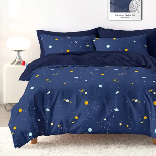 Vista 8 de Wake In Cloud - Juego de edredón espacial, tela 100% algodón, diseño de astronauta con diseño de constelación, cohete y estrella, para niños