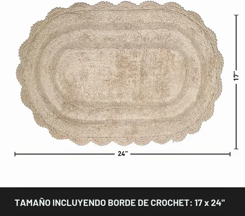 Vista 2 de Chardin home Alfombra de baño de ganchillo beige, alfombra de baño ovalada 100% algodón con borde de ganchillo artesanal hecho a mano, alfombra