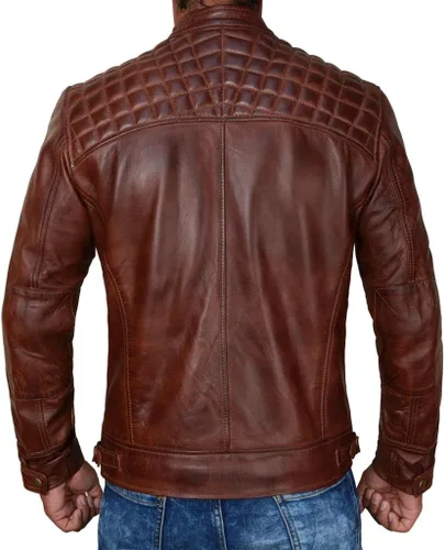 Vista 4 de STOREJEES Chaqueta de cuero para motocicleta para hombre, color negro, ajuste delgado, color marrón, estilo Moto Racer, moda atemporal para hombre