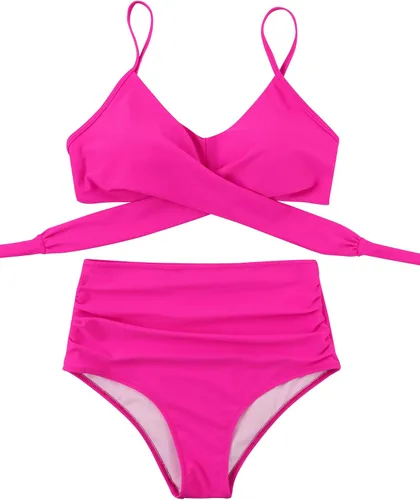 Vista 3 de OMKAGI - Bikini de cintura alta para mujer con realce dos piezas estilo de banda cruzada