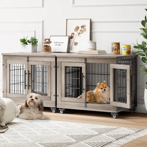 Vista 24 de YaFiti Mueble de jaula para perros con cojín, perrera de madera para interiores con puertas dobles, jaula para perros con ruedas, mesa auxiliar