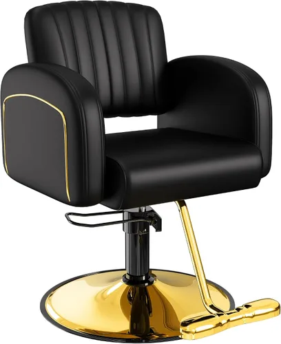 Vista 24 de Silla de salón profesional Baasha completamente negra, silla de estilo hidráulica de lujo con cuero PU suave, cojín de espuma de alta densidad, giro