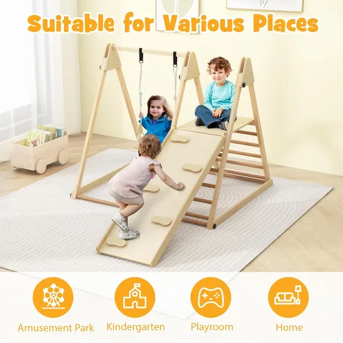 Vista 9 de HONEY JOY Gimnasio de la selva interior para niños, gran juego de escalador 5 en 1 con columpio para bebé, rampa deslizante, escalera y pared