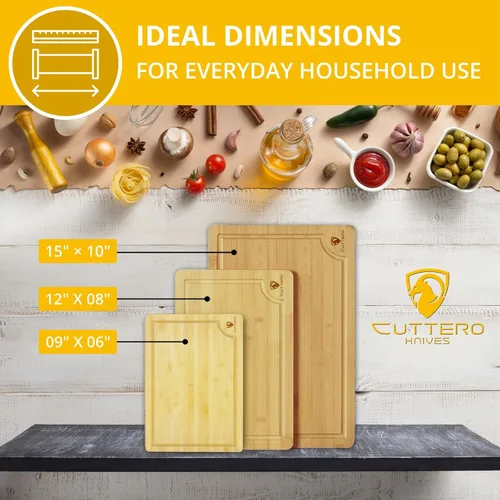 Vista 2 de Juego de 3 tablas de cortar para cocina, tablas de cortar de bambú, tablas de cortar con ranuras para jugos, tabla de cortar gruesa para carne