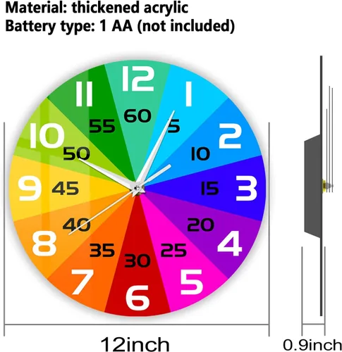 Vista 2 de Reloj de aprendizaje con rueda de color arcoíris, reloj de enseñanza de 12 pulgadas para niños, reloj de pared analógico para aula, movimiento