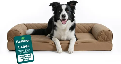 Vista 31 de Furhaven - Cama ortopédica para perros, estilo sofá, acolchada, con funda extraíble y lavable, marrón tostado, tamaño jumbo (XL)
