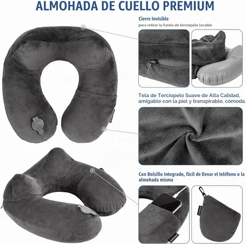 Vista 3 de Rewondah Almohada inflable de viaje para avión dormido, almohada inflable para el cuello para viajar en avión con funda lavable, almohada de viaje