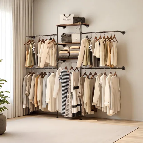 Vista 8 de KaKaBB Perchero de ropa estilo tubería industrial - Perchero de ropa de alta resistencia para montar en la pared, sistema de armario en esquina
