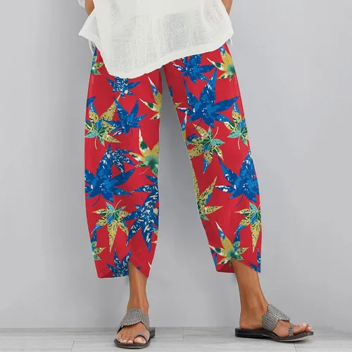 Vista 2 de Pantalón de lino con cintura elástica para mujer, estilo casual, a la moda, bohemio, estampado, pantalones recortados, holgados, pantalones harén