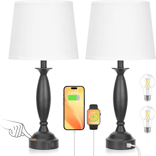 Vista 19 de Juego de 2 lámparas grises para dormitorio, lámpara de noche con control táctil con USB C+A, lámparas de mesita de noche regulables de 3 vías