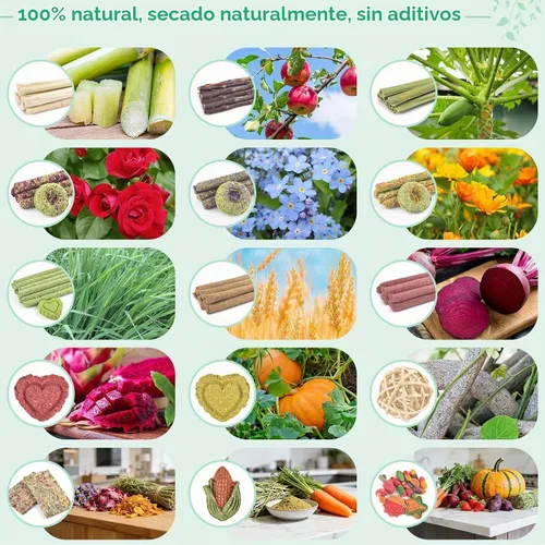 Vista 4 de ERKOON 106 PIEZAS Juguetes Masticables de Conejo para Dientes de Conejos, Juguetes Naturales para Conejos Palitos de Madera de Manzano, Zanahoria