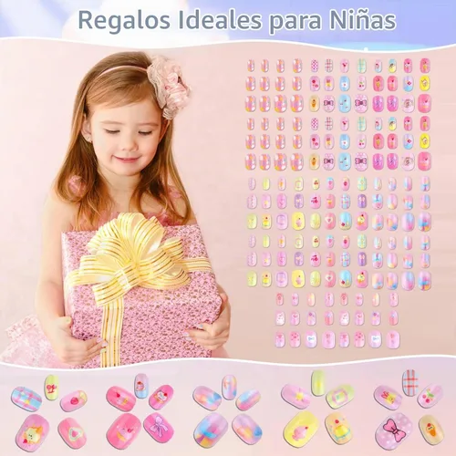Vista 7 de Shynek Uñas Postizas para Niñas, 168 Piezas de Uñas Postizas Infantiles con Adhesivo Pre-Pegado, Juego de Uñas Postizas de Cubierta Completa