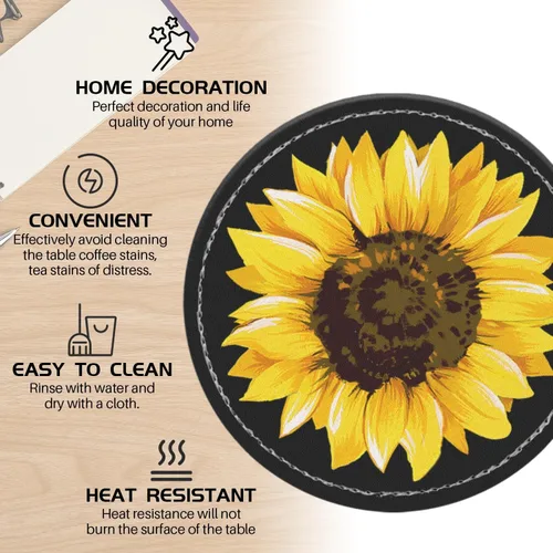 Vista 3 de Posavasos para bebidas de piel sintética, juego de 6 con soporte, regalo de inauguración de la casa, decoración del hogar, girasol de acuarela negro