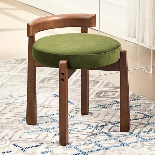 Vista 12 de HEAH-YO - Silla de tocador de madera con respaldo, pequeño taburete con reposapiés tapizado en lino, silla de maquillaje de estilo moderno