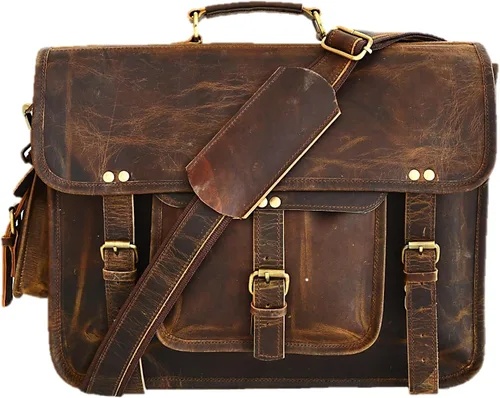 Vista 2 de Satchel And Fable Bolsa de mensajero de cuero de 16 pulgadas para hombre, hecha a mano, vintage, portátil, maletín de oficina marrón