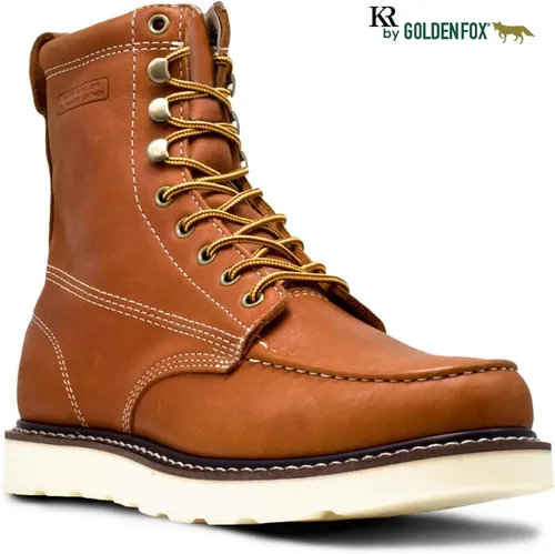 Vista 2 de Golden Fox - Botas de trabajo de cuero cómodas con cuña y puntera tipo mocasín para hombre, construcción Goodyear Welt, industrial, Ironworker