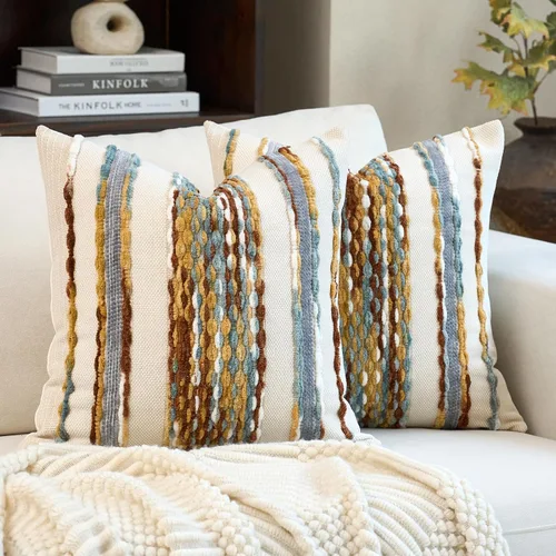 Vista 9 de Aeckself Fundas de almohada bohemias de chenilla con borlas tuftadas de 18x18 pulgadas, juego de 2, fundas decorativas rústicas a rayas cuadradas