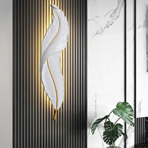 Vista 8 de Lámpara de pared moderna para dormitorio, lámpara de pared LED con diseño de plumas blancas elegante, luz de cuento de hadas, luces de pared de lujo