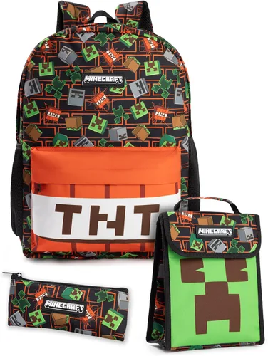 Vista 10 de Minecraft Mochila para niños de 5 piezas Creeper Zombie School Lunch Bag Gamer, Negro