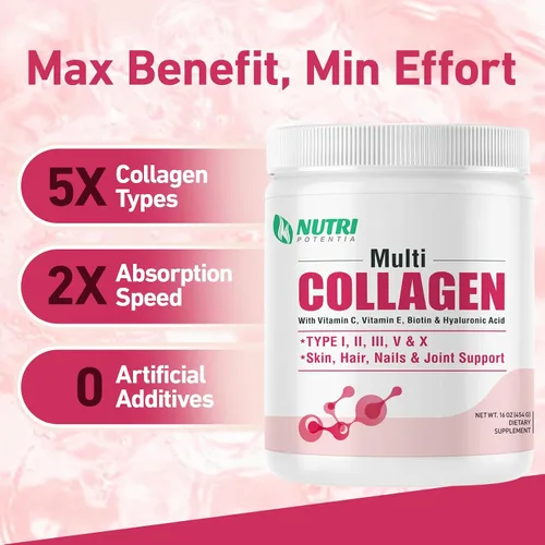 Vista 6 de Polvo de péptidos de colágeno múltiple - Tipo I, II, III, V, X con vitamina C, E y ácido hialurónico, cabello, piel, soporte de uñas, sin sabor, sin