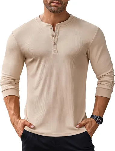 Vista 67 de COOFANDY Camisas Henley de manga larga para hombre, camisetas elásticas acanaladas, camisetas básicas casuales de moda