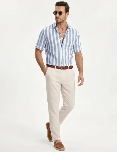 Vista 6 de JMIERR Camisa de vestir a rayas de algodón con botones y manga corta para hombre 1 raya azul cielo