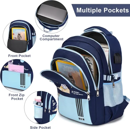 Vista 3 de Mochila para niños - Mochila para niños con bolsa de almuerzo - Juego de bolsa de libros para niños, niñas, adolescentes, escuela primaria