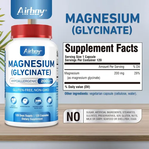 Vista 2 de Airboy Glicinato de magnesio 200 mg, el mejor glicinato de magnesio para dormir, 120 cápsulas pequeñas veganas, alta absorción apoyo relajación
