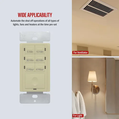 Vista 3 de ENERLITES Interruptor de temporizador de cuenta regresiva, ventilador y temporizador de luz, 5 minutos a 4 horas, indicador LED de luz nocturna