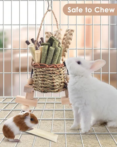 Vista 3 de Bissap Juguetes Masticables para Conejos, Cestas Colgantes de Hierba Marina Natural Masticables de Plantas Acuáticas Tejidas Golosinas Masticables