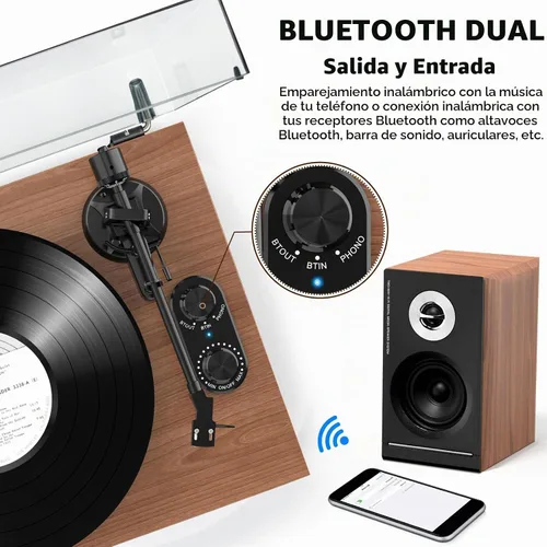 Vista 3 de Tocadiscos con altavoces de 40 W y entrada de salida Bluetooth para discos de vinilo, reproductor de discos de vinilo con preamplificador integrado