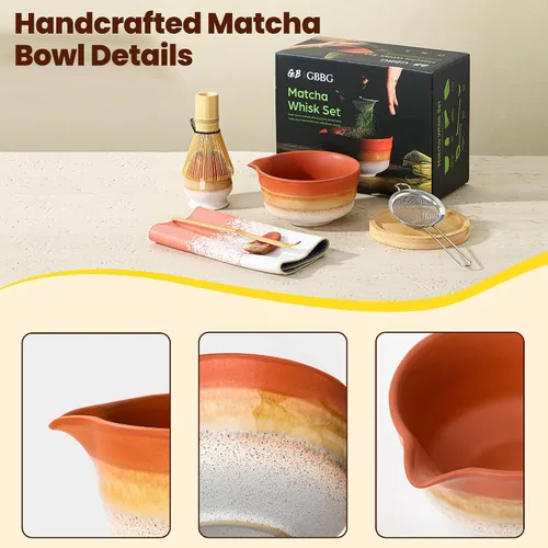 Vista 7 de Juego de batidor Matcha con cuenco de cerámica de 18 onzas, kit de matcha de 7 piezas con batidor de bambú de 100 puntas, tamiz de acero inoxidable