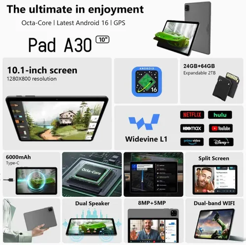 Vista 3 de Tablet Android 16, tableta de 10 pulgadas con teclado, Octa-Core, 24 GB de RAM 64 GB ROM 2 TB Expand, tabletas 2 en 1 con Gemini AI, 6000 mAh, WiFi