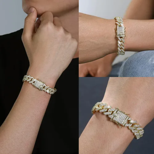 Vista 2 de Pulsera de eslabones cubanos de 0.394 pulgadas y 0.472 pulgadas para hombres y mujeres, chapado en platino de 14 quilates, pulseras de hip hop