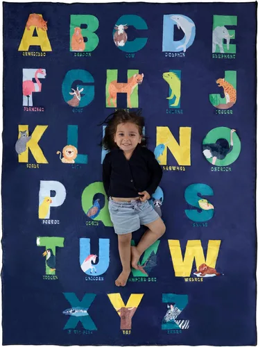 Vista 8 de ABC - Alfombra del alfabeto para niños, alfombra de juego redonda azul de 6 pies para niños pequeños y bebés, decoración suave para el cuarto