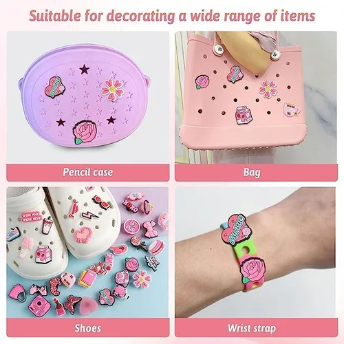 Vista 3 de Veramz 37 dijes de cocodrilo rosa para niñas y mujeres, dijes para zapatos de cocodrilo, dijes para zapatos, sandalias de zueco, lindos accesorios