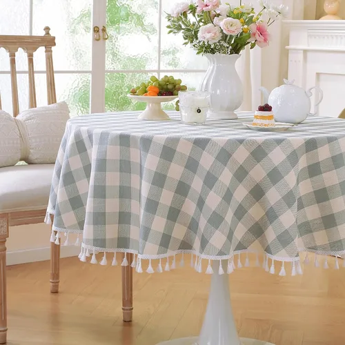 Vista 22 de Laolitou Mantel redondo a cuadros verde, de lino y algodón, con borla, a cuadros de búfalo, lavable, mantel de gingham para sala de estar
