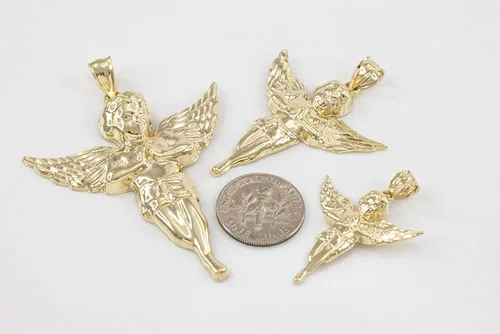 Vista 4 de Colgante de oro amarillo de 14 quilates con diseño de ángel de la guarda celestial tamaño de colgante