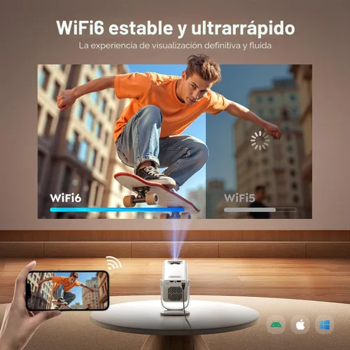 Vista 5 de Mini-proyector con WiFi6 y Bluetooth bidireccional 5.4, soporte 1080P 4K, [aplicaciones integradas y Android 14 2026] Proyector de película portátil