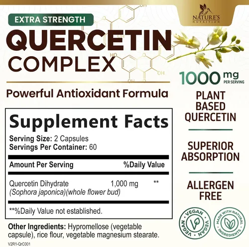 Vista 2 de Quercetin Dihydrate 1000mg per Serving - Premium Plant-Based Bioflavonoids - Extra Strength Antioxidant Immune & Respiratory Health Support - High